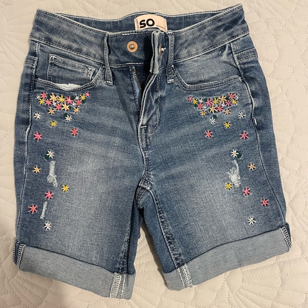SO kids Blue Denim Shorts with Embroidered Flowers